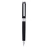 A black metal ballpoint pen with silver accents and a clip, featuring a branded logo.