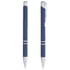 A blue metal ballpoint pen with silver accents and a clip, featuring a sleek, modern design and branding.