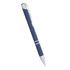 A blue metal ballpoint pen with a silver clip and accents, featuring a smooth click action mechanism.