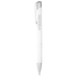 A white metal ballpoint pen with a click action mechanism and silver accents, featuring a logo.