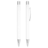 A white metal ballpoint pen with chrome accents and a clip, featuring a sleek click action design.