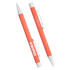 Two metal ballpoint pens in coral colour with silver accents, featuring a logo on one pen.