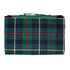 A green and black tartan picnic rug, folded with a carry handle, featuring red and yellow grid lines.