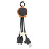 A bamboo charging hub featuring three black RPET cables attached, with a keyring for easy attachment.