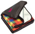A picnic rug with a colourful checkered pattern, neatly packed in a black carry bag with a logo.