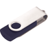 A silver and navy blue USB flash drive with a rotating design, 16GB capacity, and a branding logo.