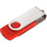 A USB flash drive with a silver metal casing and a red plastic cap. It includes a circular button and has a pivoting design.