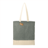 A recycled cotton twill tote bag in grey with a natural coloured bottom and long handles. It features a small tag and a logo.