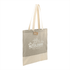 A recycled cotton twill tote bag in beige, featuring a logo. The bag has long handles for easy carrying.
