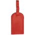 A red luggage tag featuring a smooth finish and a sturdy strap for attachment.
