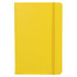 A yellow notebook with a smooth cover and an elastic band closure; features a logo on the front.