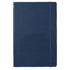 A navy blue journal with a textured cover and an elastic band closure, featuring a logo.