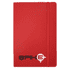A red journal with a textured cover and an elastic band, featuring a logo on the front.