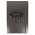 A black journal with an elastic band and a logo on the cover, featuring a glossy finish.