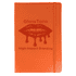 An orange journal with a textured cover and a logo, featuring an elastic band closure.