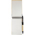 A recycled jotter with a black pen, featuring tan and white colours, displaying blank lined pages.