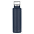 A drink bottle in navy blue with a stainless steel lid and a logo at the base. Ideal for thermal insulation.