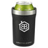 A drink bottle in black with a stainless steel rim, featuring a logo and holding a can inside.