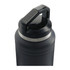 A drink bottle in matte black with a silver band and a handle on the lid. It features a logo on top.