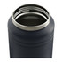 A drink bottle in navy blue with a silver rim, featuring a wide opening and a smooth finish. It has a logo on the side.