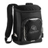 A black cooler backpack featuring a branded front pocket and adjustable shoulder straps. Suitable for carrying drinks and food.