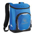 A blue cooler backpack with adjustable straps and a front pocket, featuring a logo on the side.