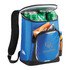A blue cooler backpack with a zippered top, containing cans and snacks, featuring a front pocket and a logo.