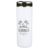 A drink bottle in white with a black lid, featuring a logo depicting palm trees and holiday themes.