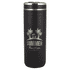 A drink bottle made of plastic, featuring a matte black finish, with a silver lid and a logo design.