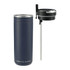 A drink bottle in navy blue with a stainless steel straw and a lid, featuring a logo on the side.