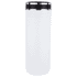 A drink bottle in white with a black lid, featuring a logo, designed for thermal insulation.