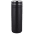 A drink bottle in matte black with a silver band and a straw opening at the top, featuring a logo.