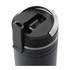 A drink bottle in black with a silver lid and a straw opening, featuring a logo on the top.