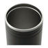 A drink bottle with a sleek black exterior and a stainless steel rim at the top. It features a logo.