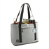 A grey expandable cooler bag with black straps, filled with drinks and snacks. Features a logo on the front.