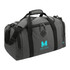 A grey duffel bag with a shoulder strap, featuring a logo and zippered compartments. Made from recycled material.