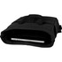 A black canvas backpack tote with a laptop compartment and sturdy handles, featuring a logo on the front.