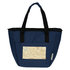 A navy cooler tote featuring a decorative panel, sturdy black handles, and a logo on the side.