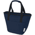 A navy cooler tote bag with black handles, featuring a pocket and a logo. Designed for carrying beverages.