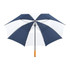 A navy and white recycled golf umbrella with a wooden handle and a logo.