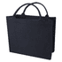 A black recycled tote bag with dual handles and a sturdy design. It features a simple structure and includes a logo.