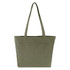 A sturdy olive green tote bag with two handles and a simple design. Features a logo on the side.