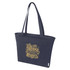 A navy zip tote bag with a gold graphic design and sturdy handles, featuring a logo.