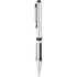 A silver ballpoint stylus pen with black grip accents and a clip, featuring a logo.