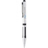 A sleek silver ballpoint stylus with black grip sections and a logo on the side.