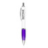 A purple and white pen featuring a logo, designed for promotional use in office settings.