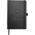 A black journal featuring an embossed logo and an elastic band closure, part of a promotional gift set.