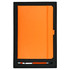 An orange journal and pen set displayed in a black gift box, featuring a logo.