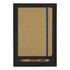 A gift set featuring a brown journal with a blue band and a bamboo pen, presented in a black box.