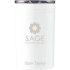 A white tumbler with a silver lid, featuring a logo and text on the side.